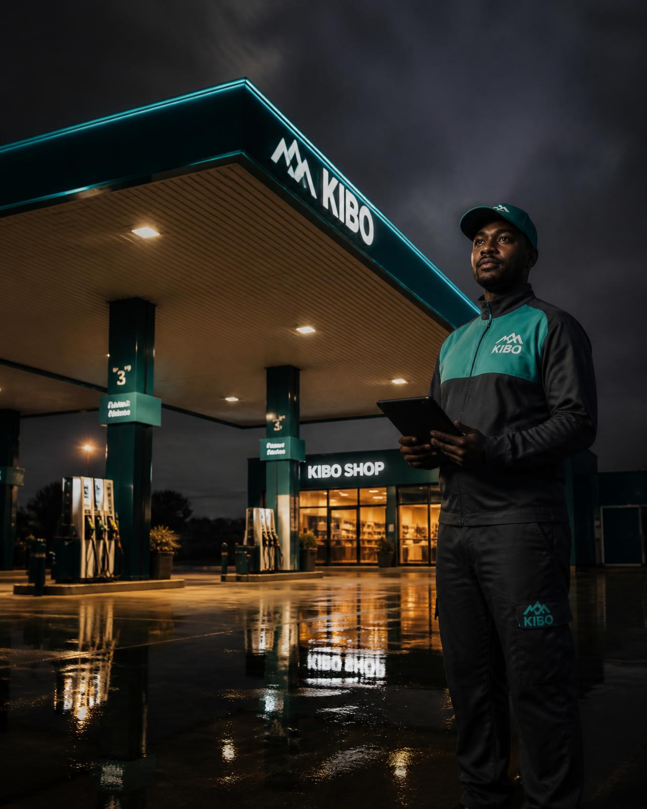 Attendant with a tablet on a lit service station forecourt at dusk